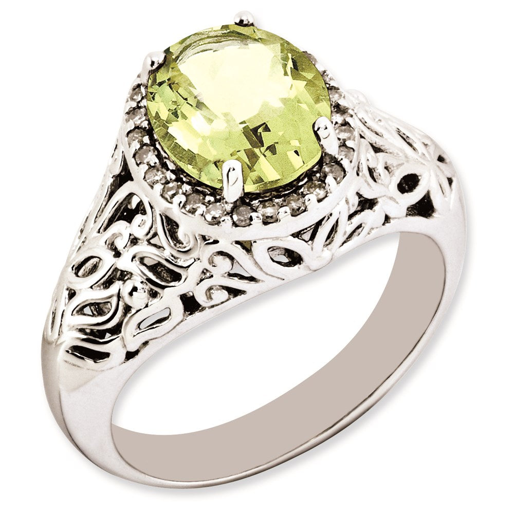 Sterlingsilber Rhodiniert Oval Zitrone Quarz & Diamant Ring (size 7 Nur)