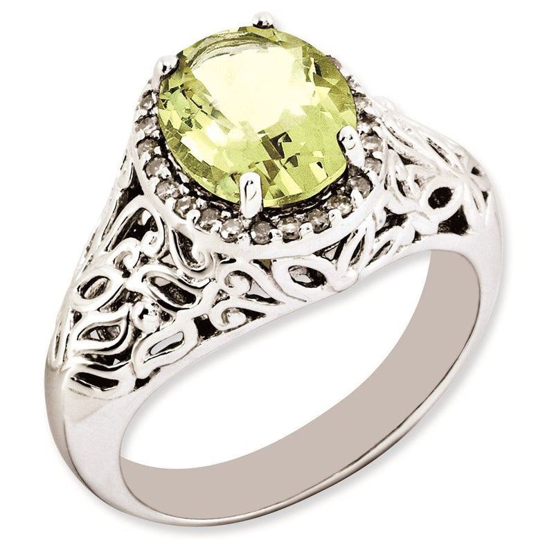 Sterlingsilber Rhodiniert Oval Zitrone Quarz & Diamant Ring (size 7 Nur)