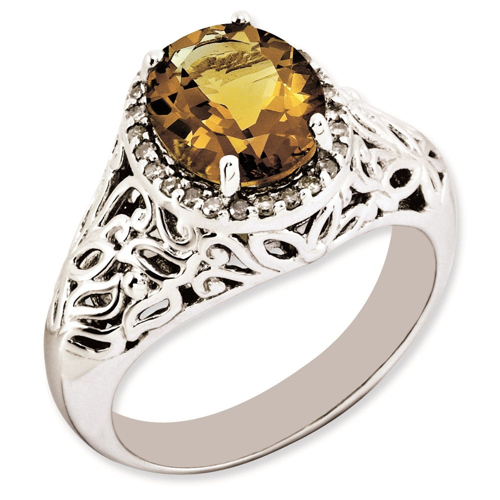 Sterlingsilber Rhodiniert Oval Whiskey Quarz & Diamant Ring (size 7 Nur)