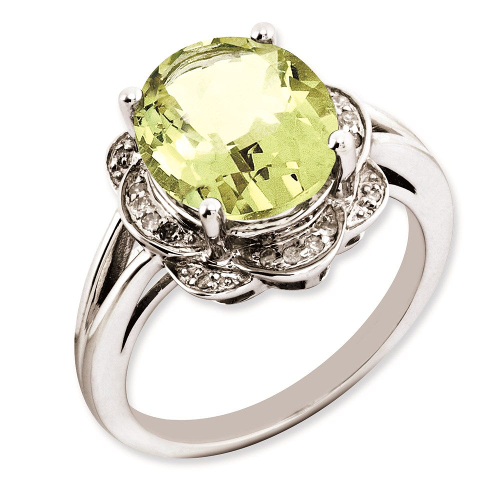 Sterlingsilber Rhodiniert Oval Zitrone Quarz & Diamant Ring (size 7 Nur)
