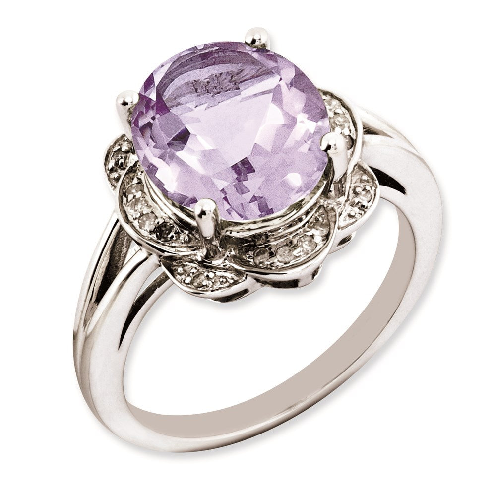 Sterlingsilber Rhodiniert Oval Rosa Quarz & Diamant Ring (size 7 Nur)