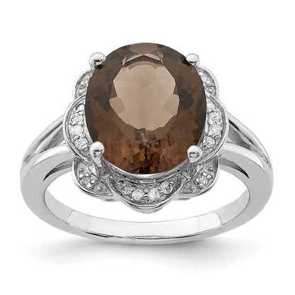 Sterlingsilber Rhodium Oval Rauch Quarz & Diamant Ring (size 7 Nur)