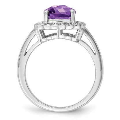 Sterlingsilber Rhodiniert Karo Schliff Amethyst & Diamant Ring (size 7 Nur)
