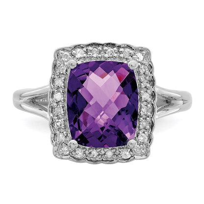 Sterlingsilber Rhodiniert Karo Schliff Amethyst & Diamant Ring (size 7 Nur)