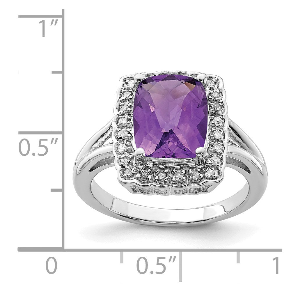 Sterlingsilber Rhodiniert Karo Schliff Amethyst & Diamant Ring (size 7 Nur)