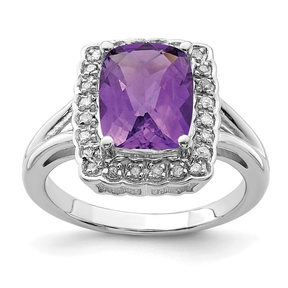 Sterlingsilber Rhodiniert Karo Schliff Amethyst & Diamant Ring (size 7 Nur)
