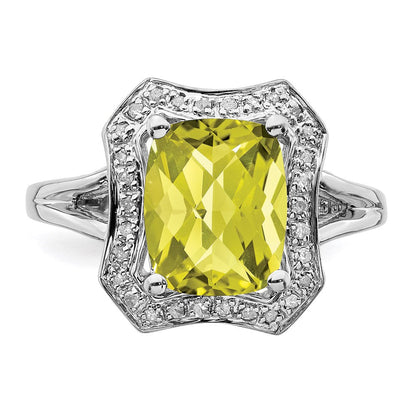 Sterlingsilber Rhodium Karo Schliff Zitrone Quarz & Diamant Ring (size 7 Nur)