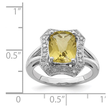 Sterlingsilber Rhodium Karo Schliff Zitrone Quarz & Diamant Ring (size 7 Nur)