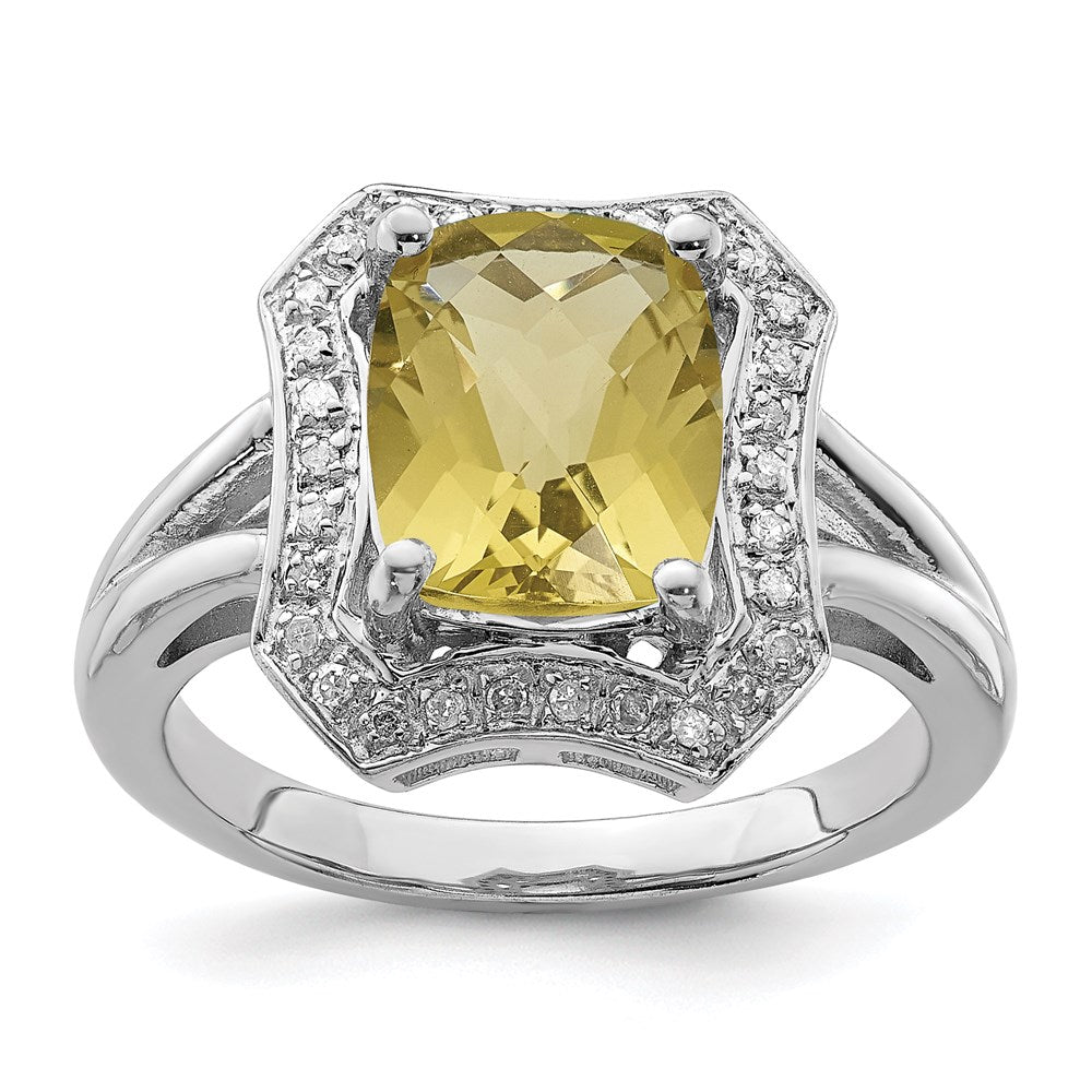 Sterlingsilber Rhodium Karo Schliff Zitrone Quarz & Diamant Ring (size 7 Nur)