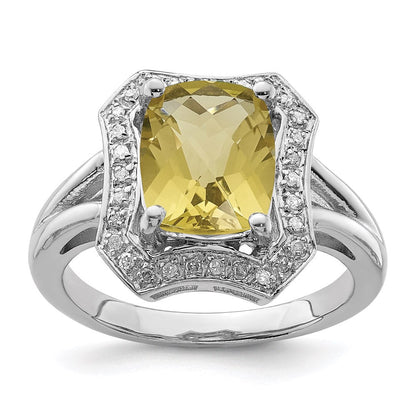 Sterlingsilber Rhodium Karo Schliff Zitrone Quarz & Diamant Ring (size 7 Nur)