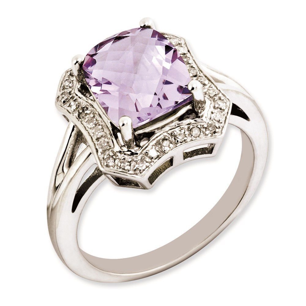 Sterlingsilber Rhodiniert Karo Schliff Rosa Quarz & Diamant Ring (size 7 Nur)