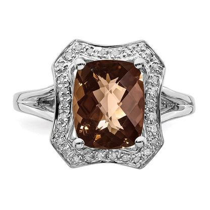 Sterlingsilber Rhodium Karo Schliff Rauch Quarz & Diamant Ring (size 7 Nur)