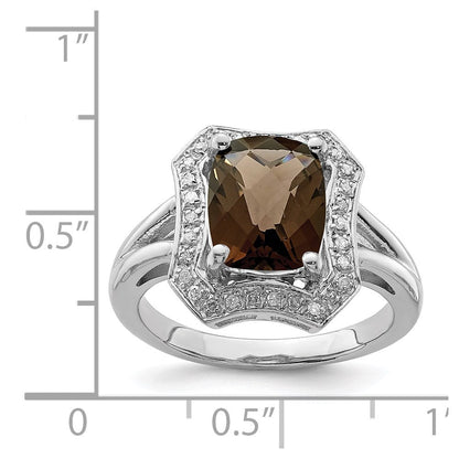 Sterlingsilber Rhodium Karo Schliff Rauch Quarz & Diamant Ring (size 7 Nur)