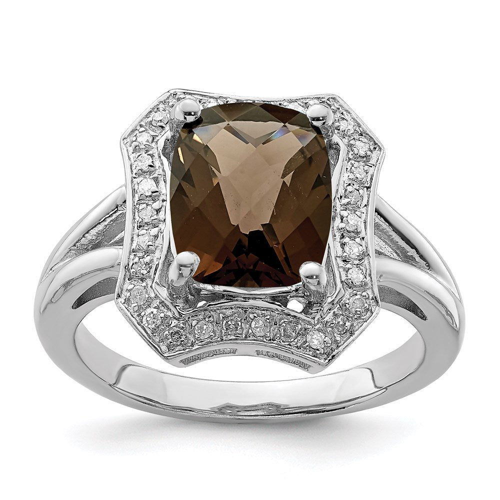 Sterlingsilber Rhodium Karo Schliff Rauch Quarz & Diamant Ring (size 7 Nur)