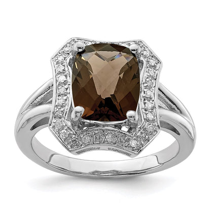 Sterlingsilber Rhodium Karo Schliff Rauch Quarz & Diamant Ring (size 7 Nur)