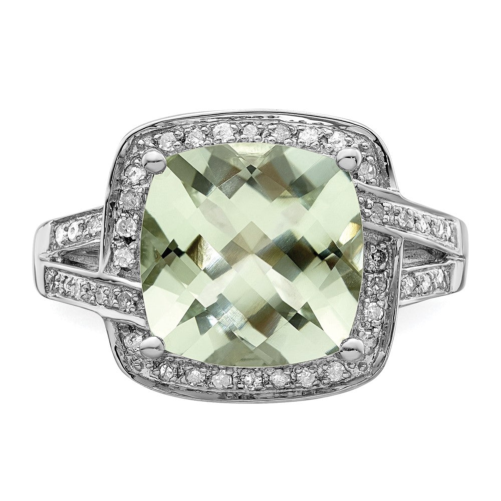 Sterlingsilber Rhodium Karo Schliff Grün Quarz & Diamant Ring (size 7 Nur)