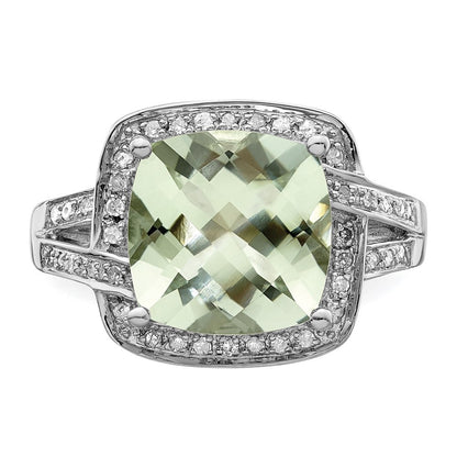Sterlingsilber Rhodium Karo Schliff Grün Quarz & Diamant Ring (size 7 Nur)