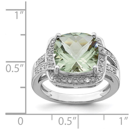 Sterlingsilber Rhodium Karo Schliff Grün Quarz & Diamant Ring (size 7 Nur)