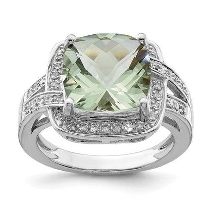 Sterlingsilber Rhodium Karo Schliff Grün Quarz & Diamant Ring (size 7 Nur)