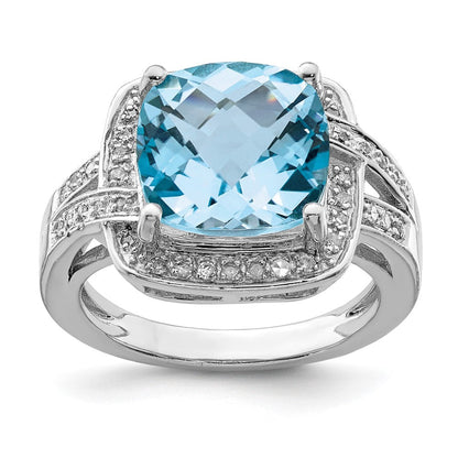 Sterlingsilber Rhodium Karo Schliff Schweizer Blautopas & Diamant Ring (size 7 Nur)