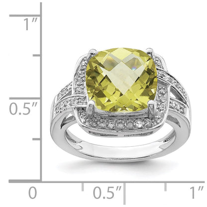 Sterlingsilber Rhodium Karo Schliff Zitrone Quarz & Diamant Ring