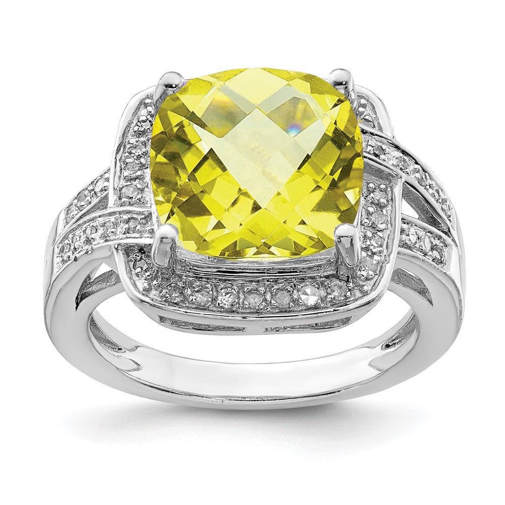 Sterlingsilber Rhodium Karo Schliff Zitrone Quarz & Diamant Ring