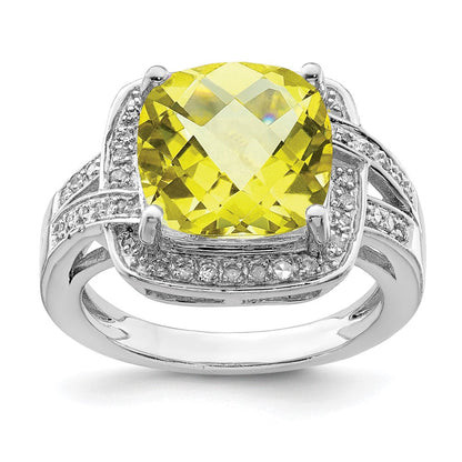 Sterlingsilber Rhodium Karo Schliff Zitrone Quarz & Diamant Ring