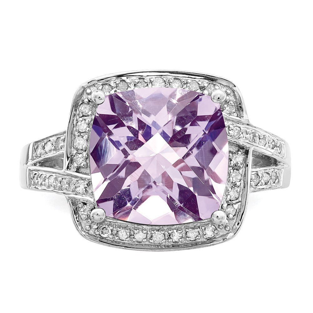 Sterlingsilber Rhodium Karo Schliff Rosa Quarz & Diamant Ring (size 7 Nur)