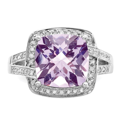 Sterlingsilber Rhodium Karo Schliff Rosa Quarz & Diamant Ring (size 7 Nur)