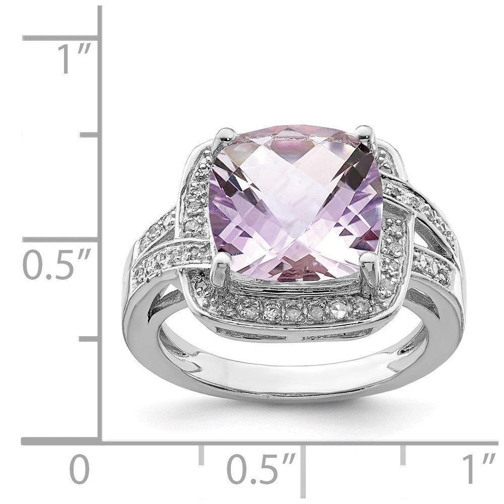 Sterlingsilber Rhodium Karo Schliff Rosa Quarz & Diamant Ring (size 7 Nur)