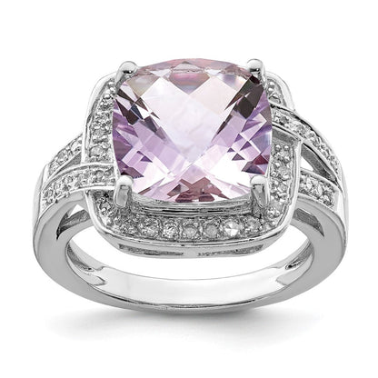 Sterlingsilber Rhodium Karo Schliff Rosa Quarz & Diamant Ring (size 7 Nur)