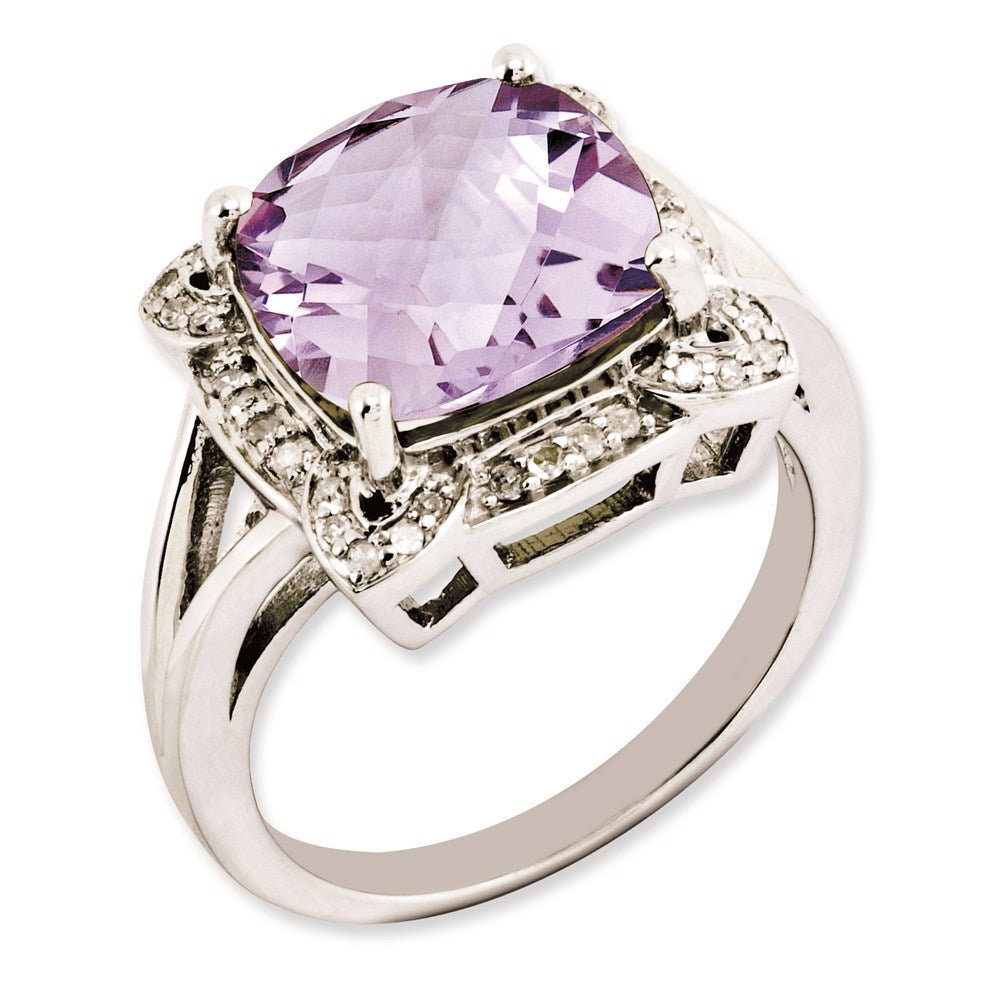 Sterlingsilber Rhodiniert Karo Schliff Rosa Quarz & Diamant Ring (size 7 Nur)