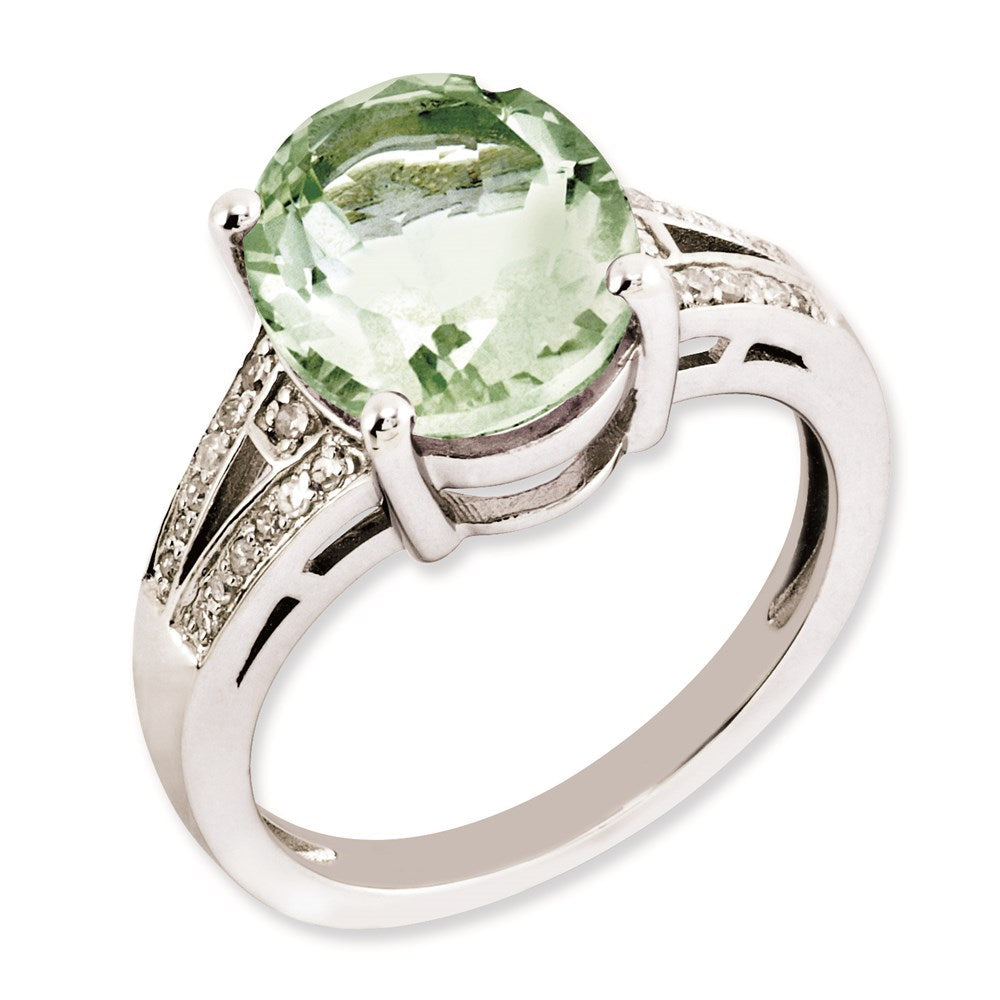 Sterlingsilber Rhodiniert Oval Grün Quarz & Diamant Ring (size 7 Nur)
