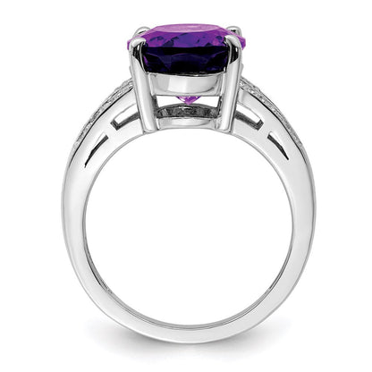 Sterlingsilber Rhodiniert Oval Amethyst & Diamant Ring (size 7 Nur)