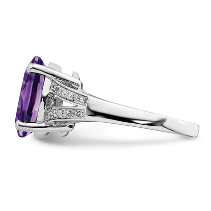 Sterlingsilber Rhodiniert Oval Amethyst & Diamant Ring (size 7 Nur)