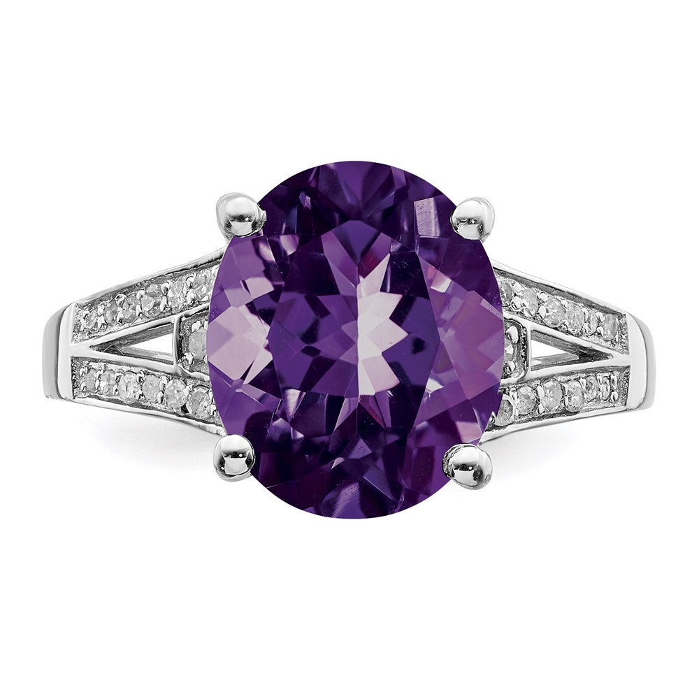 Sterlingsilber Rhodiniert Oval Amethyst & Diamant Ring (size 7 Nur)