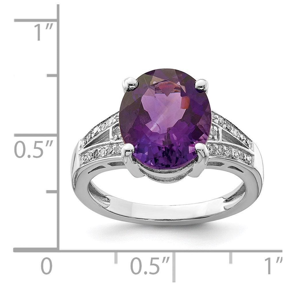 Sterlingsilber Rhodiniert Oval Amethyst & Diamant Ring (size 7 Nur)