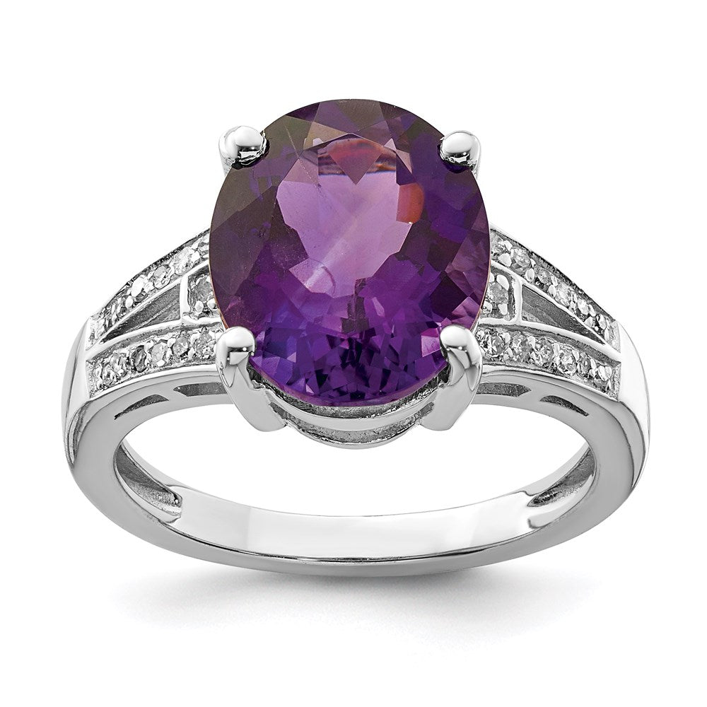 Sterlingsilber Rhodiniert Oval Amethyst & Diamant Ring (size 7 Nur)