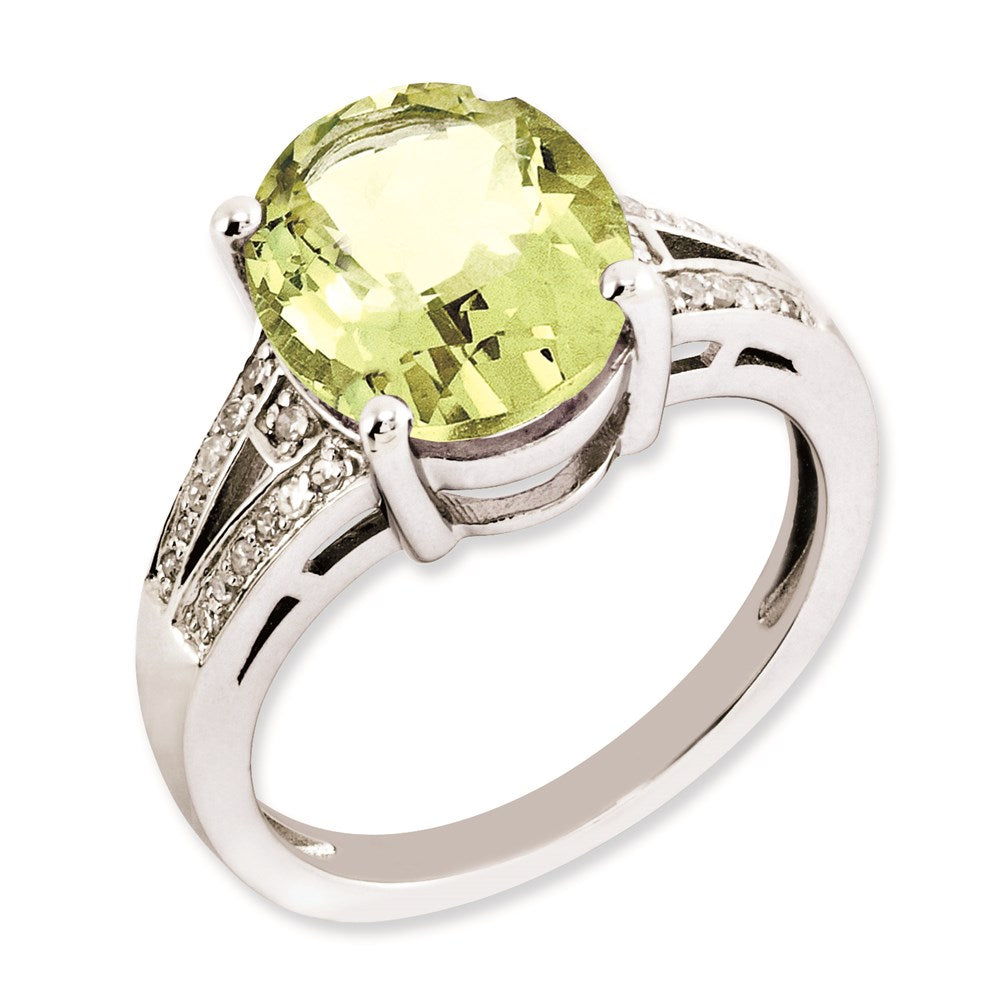 Sterlingsilber Rhodiniert Oval Zitrone Quarz & Diamant Ring (size 7 Nur)