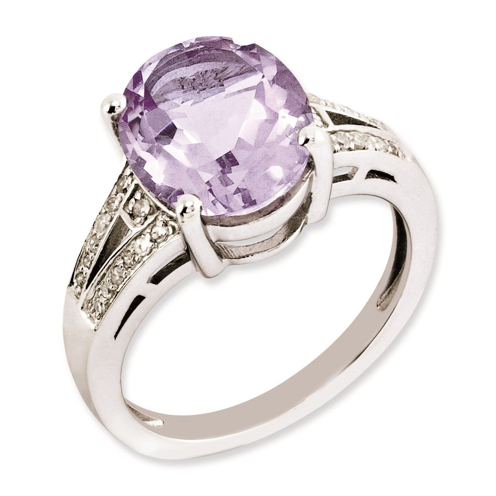 Sterlingsilber Rhodiniert Oval Rosa Quarz & Diamant Ring (size 7 Nur)