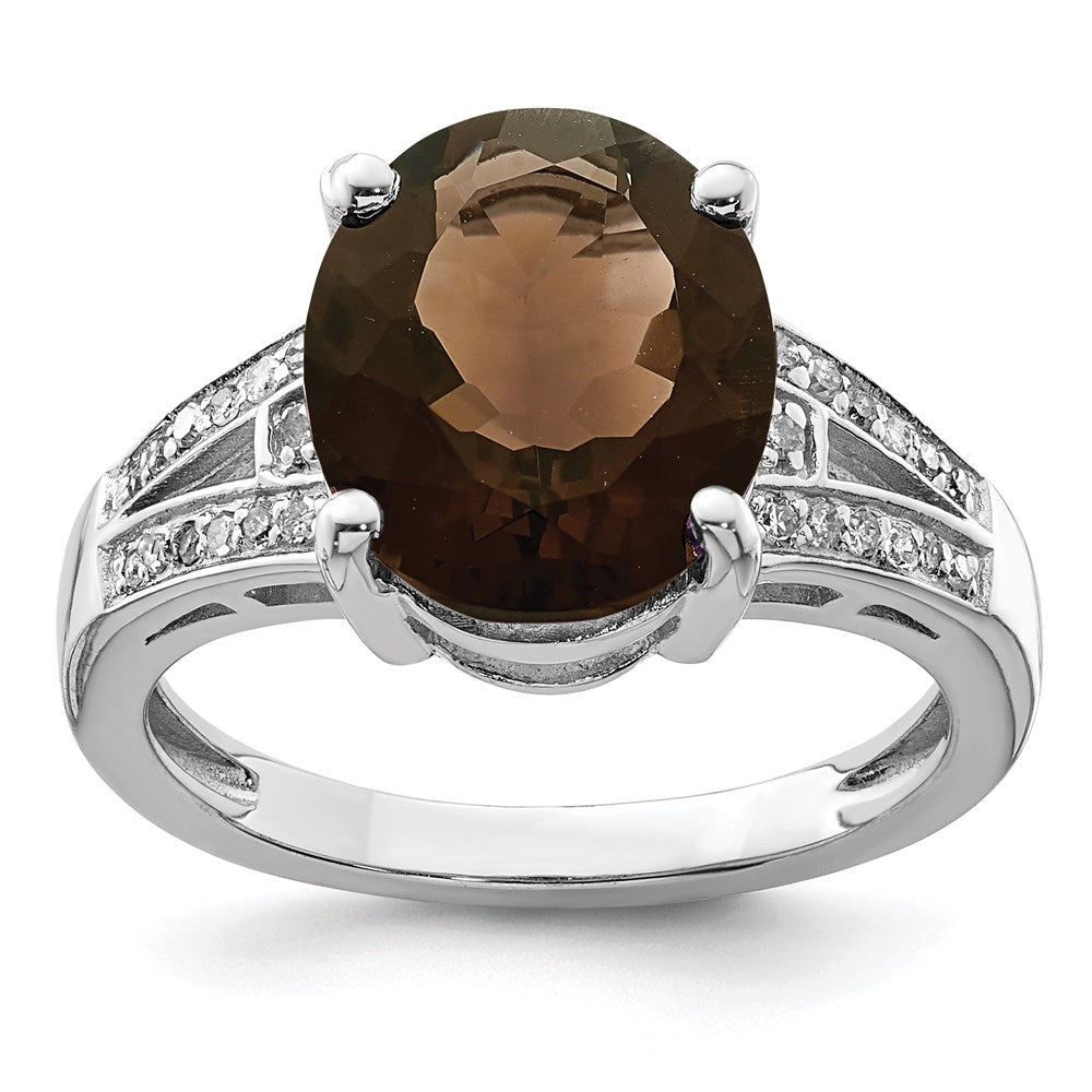 Sterlingsilber Rhodium Oval Rauch Quarz & Diamant Ring (size 7 Nur)