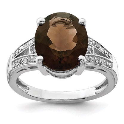 Sterlingsilber Rhodium Oval Rauch Quarz & Diamant Ring (size 7 Nur)