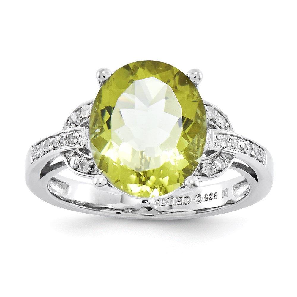 Sterlingsilber Rhodiniert Oval Zitrone Quarz & Diamant Ring (size 7 Nur)