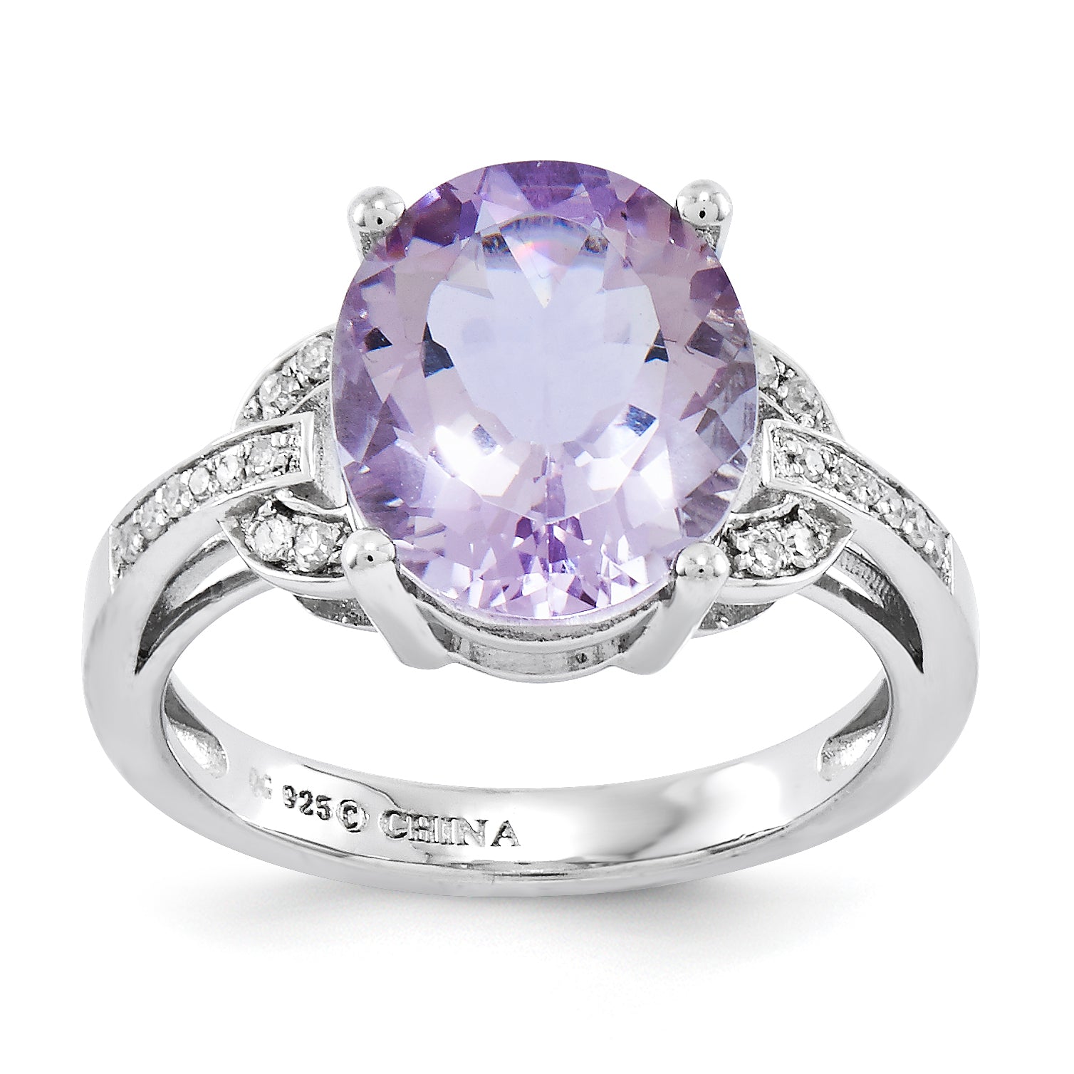 Sterlingsilber Rhodiniert Rosa Quarz & Diamant Ring