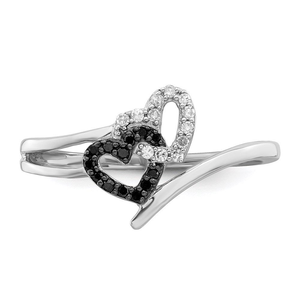 Sterlingsilber Weiß Nacht Rhodiniert Schwarz und Diamant Doppelt Herz Ring