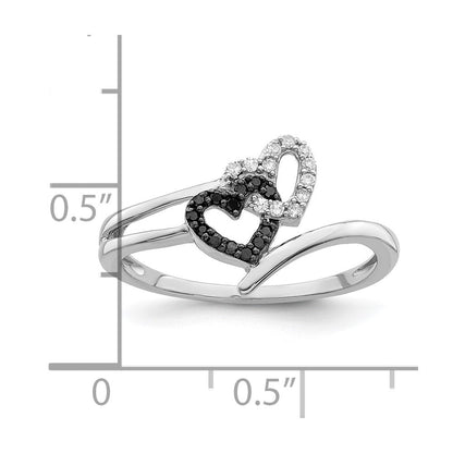 Sterlingsilber Weiß Nacht Rhodiniert Schwarz und Diamant Doppelt Herz Ring