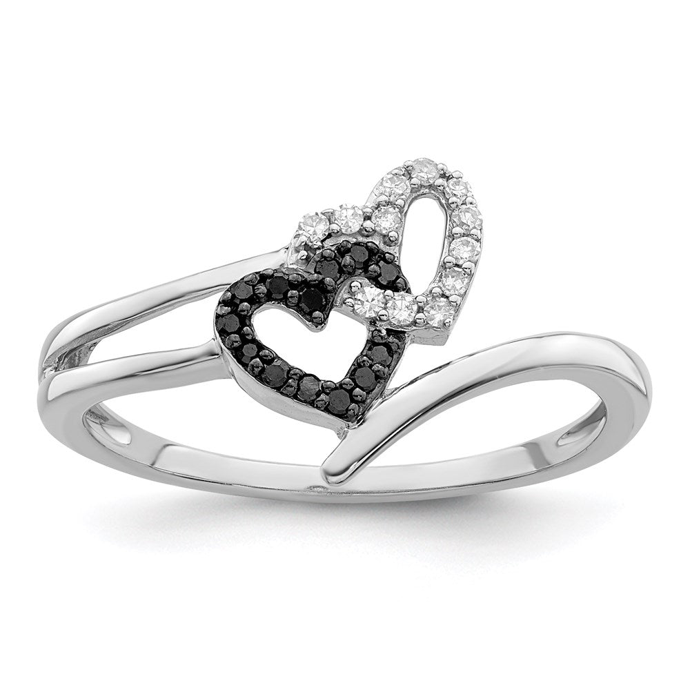 Sterlingsilber Weiß Nacht Rhodiniert Schwarz und Diamant Doppelt Herz Ring