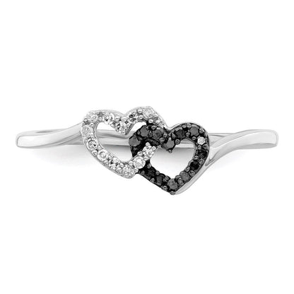 Sterlingsilber Weiß Nacht Rhodiniert Schwarz und Diamant Doppelt Herz Ring