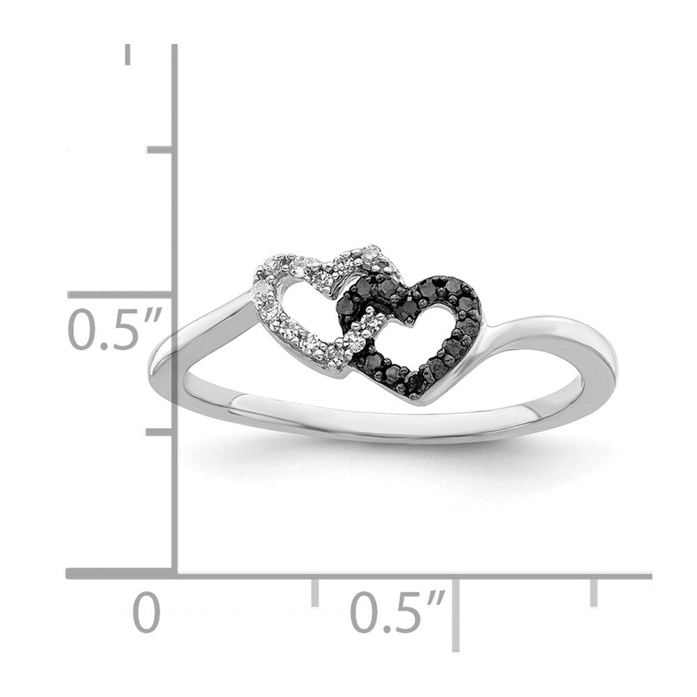 Sterlingsilber Weiß Nacht Rhodiniert Schwarz und Diamant Doppelt Herz Ring