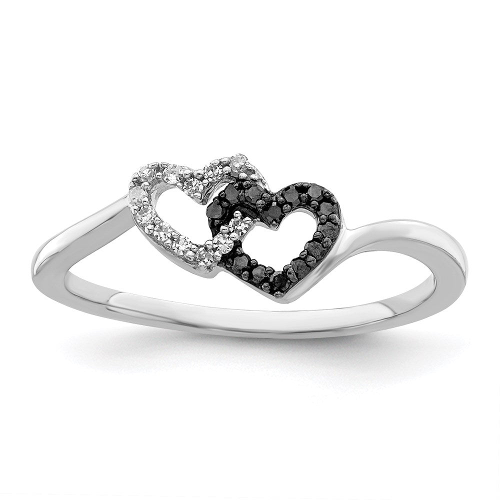 Sterlingsilber Weiß Nacht Rhodiniert Schwarz und Diamant Doppelt Herz Ring